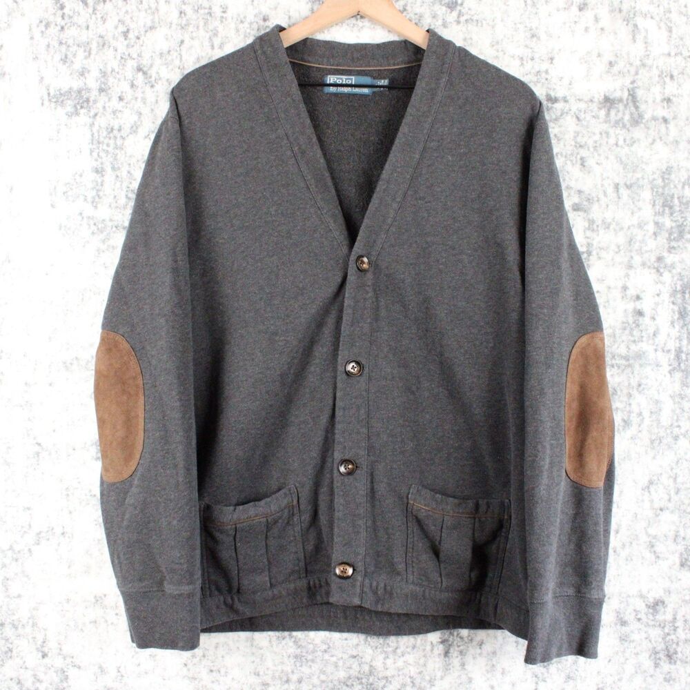 Polo Ralph Lauren Mens L Elbow Patch Button Front Cardigan Sweater Gray